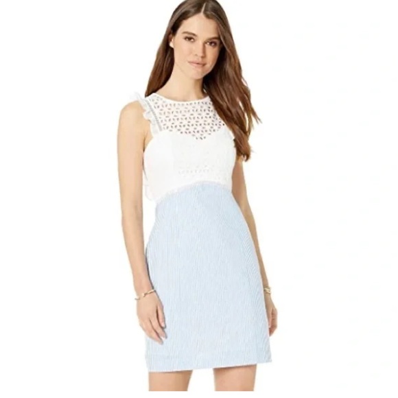 Lilly Pulitzer Maya Shift Dress Coastal Blue Seersucker White Lace size 2 - Picture 2 of 16